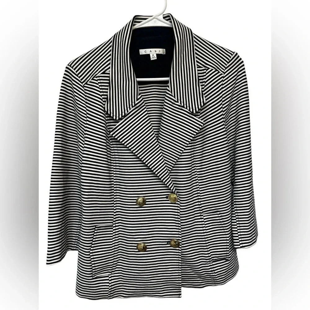 CAbi Jacket Navy Blue/White Striped Collared Double Breasted Pockets